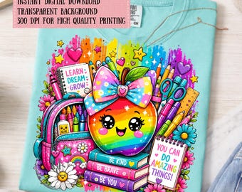 Rainbow Apple Back To School PNG, Cute Teacher Shirt Design, School Supplies Sublimation, Kawaii Apple Clipart, Classroom Digital Download