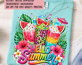 Hello Summer PNG, Tropical Watermelon Drink Design, Cute Summer Shirt PNG, Beach Vacation Sublimation, Colorful Fruit Digital Download