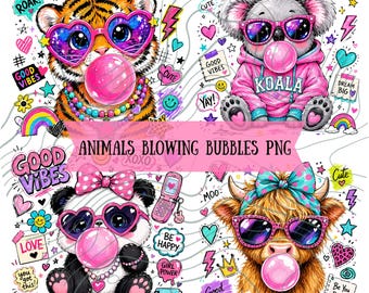 Cute Animals Bubble Gum PNG Bundle, Kawaii Tiger Koala Panda Highland Cow Designs, Girly Cartoon Animal Sublimation, Cute Bundle Download