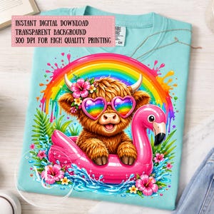Highland Cow Flamingo Float PNG, Cute Summer Cow Design, Rainbow Pool Party Shirt, Tropical Animal Sublimation PNG, Digital Download