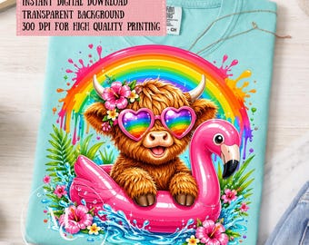 Highland Cow Flamingo Float PNG, Cute Summer Cow Design, Rainbow Pool Party Shirt, Tropical Animal Sublimation PNG, Digital Download