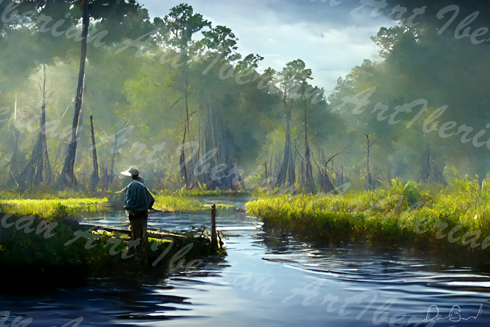 Louisiana Man Fishing, Louisiana Painting, Atchafalaya Basin