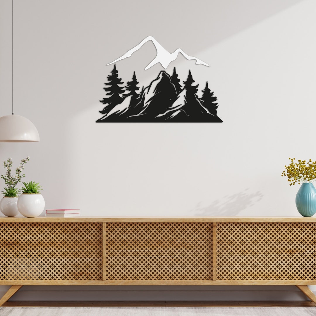 Wooden Mountain and Tree Wall Art, NatureInspired Wall Decor, Bohemian
