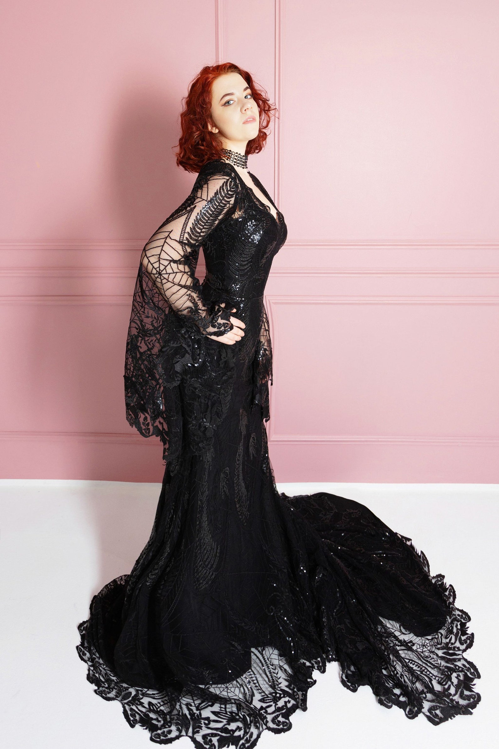 Black Spider Web Lace Wedding Dress With Bell Sleeves Custom - Etsy