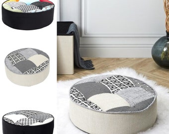 Runder Patchwork-Pouf – 3 Farben 50 cm – Runder Pouf für Wohnzimmer, Wohnzimmer, Terrasse – grau, schwarz, mehrfarbig – 50 x 16 x 50 cm