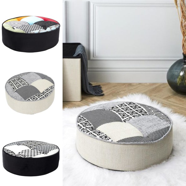 Pouf patchwork rond - 3 coloris 50cm - Pouf rond pour salon, pièce de vie, patio, terrasse - couleur gris, noir, multicolor - 50x16x50 cm