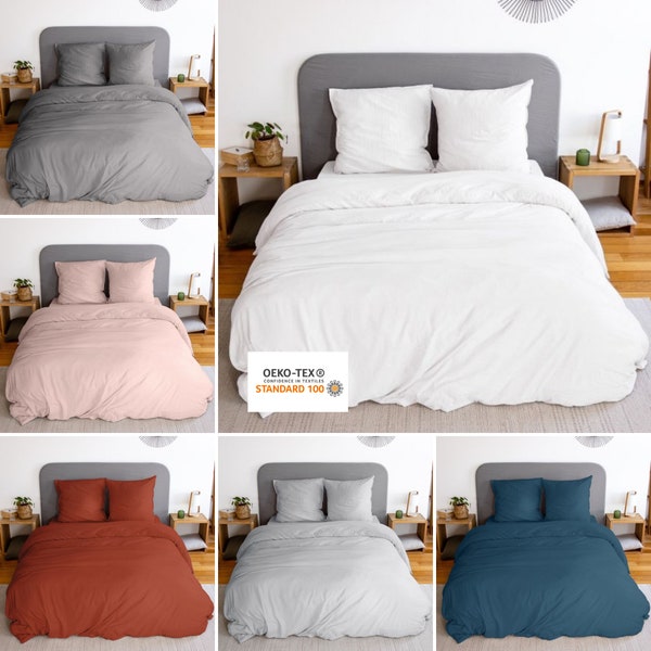 Housse de couette avec taies d'oreillers en microfibre lavé - finitions boutons - plusieurs coloris et tailles disponibles - Oeko-Tex®