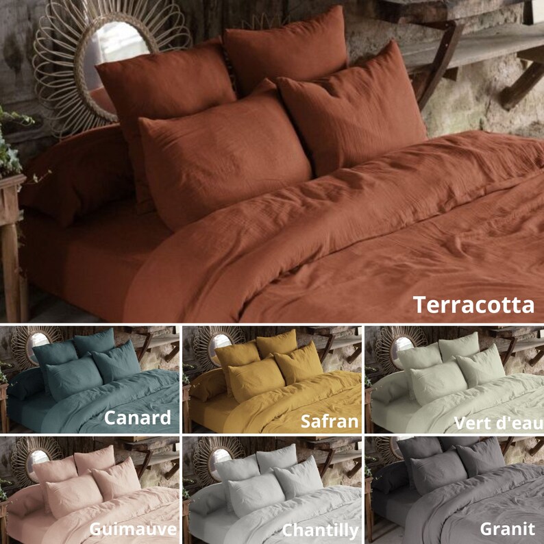 Gaze de coton 100% Housse de couette unie ultra douce 74 fils/cm2 Terracotta Safran Guimauve Canard Granit Chantilly Vert d'eau image 1