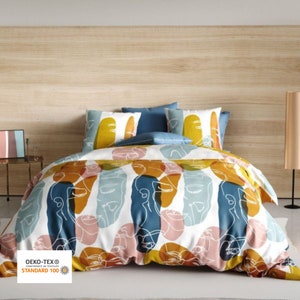 Duvet cover 3 pcs - Pillowcases 63X63 cm 100% cotton Oeko-Tex® - Abstract face patterns - several sizes disonible