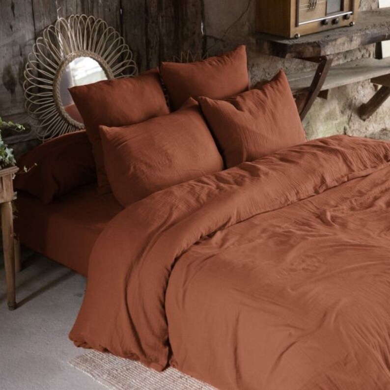 Gaze de coton 100% Housse de couette unie ultra douce 74 fils/cm2 Terracotta Safran Guimauve Canard Granit Chantilly Vert d'eau image 2