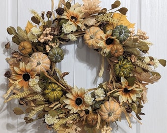 Fall/Thanksgiving Front Door Wreath, Pumpkins Wreath, Fall Florals Wreath, Autumn Foliage Wreath, Wreaths