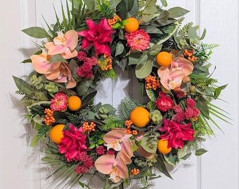 Pink Orchid & Orange Summer Door Wreath, Spring Citrus Floral Wreath, Tropical Greenery Front Door Decor- Everyday Wreath