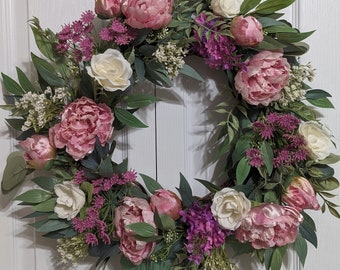 A  Peonies Door Wreath. Pink and White Floral Spring Wreath. Grapevine Wreath. Front Door Wreath. Floral Wreath Décor, Summer Wreath
