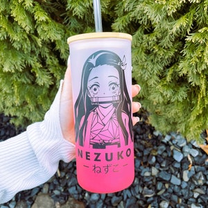 Anime Frosted Cup, 18oz Glass Cup With Lid And Straw, Nezuko Cup, Demon Slayer Frosted Cup