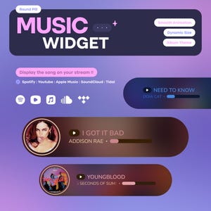May include: A digital music widget interface featuring a dark purple rounded container with the text MUSIC WIDGET, Smooth Animation, Dynamic Size, and Album Theme. It displays song titles, artist names, progress bars, and streaming service icons.