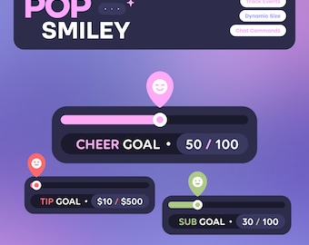 May include: A digital interface graphic titled POP SMILEY with a Goal Bar header. It features three progress bars labeled CHEER GOAL 50/100, TIP GOAL $10/$500, and SUB GOAL 30/100. Each bar has a colored slider with a smiley face icon marker.