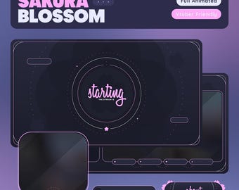 May include: A digital Twitch stream overlay pack titled Sakura Blossom, featuring dark purple backgrounds with pink accents. Includes a starting screen, webcam frame, and information panels with text reading Starting The Stream Is and About.