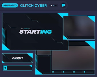 Blue Glitch Cyber • Animated Twitch Pack • Overlays, Scenes, Panels, Alerts, Labels, Webcam Borders