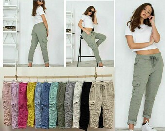 New Ladies Magic Super Stretch Comfy Drawstring Plain Joggers Cargo Pocket Trouser Pant Italian Womens Trousers Size 8-22