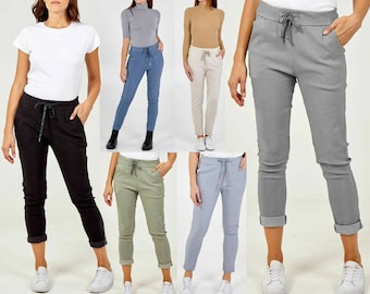 Ladies Italian Stretch Plain Fit Pants Magic Trousers Womens Magic Crushed Style Casual Joggers with Deep Pockets