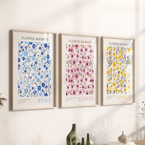 Conjunto de 3 arte de parede com impressão de mercado de flores, pôster de mercado de flores de arte botânica de parede, conjunto de parede de galeria, impressão de flores, pôster de mercado de flores azuis