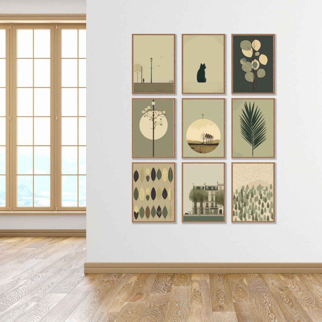 Printable Wall Art Set of 9 Olive Green Art Decor, Minimalist Sage