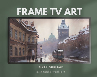 Christmas Town Frame TV Art, Vintage Winter Painting, Snowy Winter Scene Landscape, Winter Snow in the City, Frame TV Digital Download