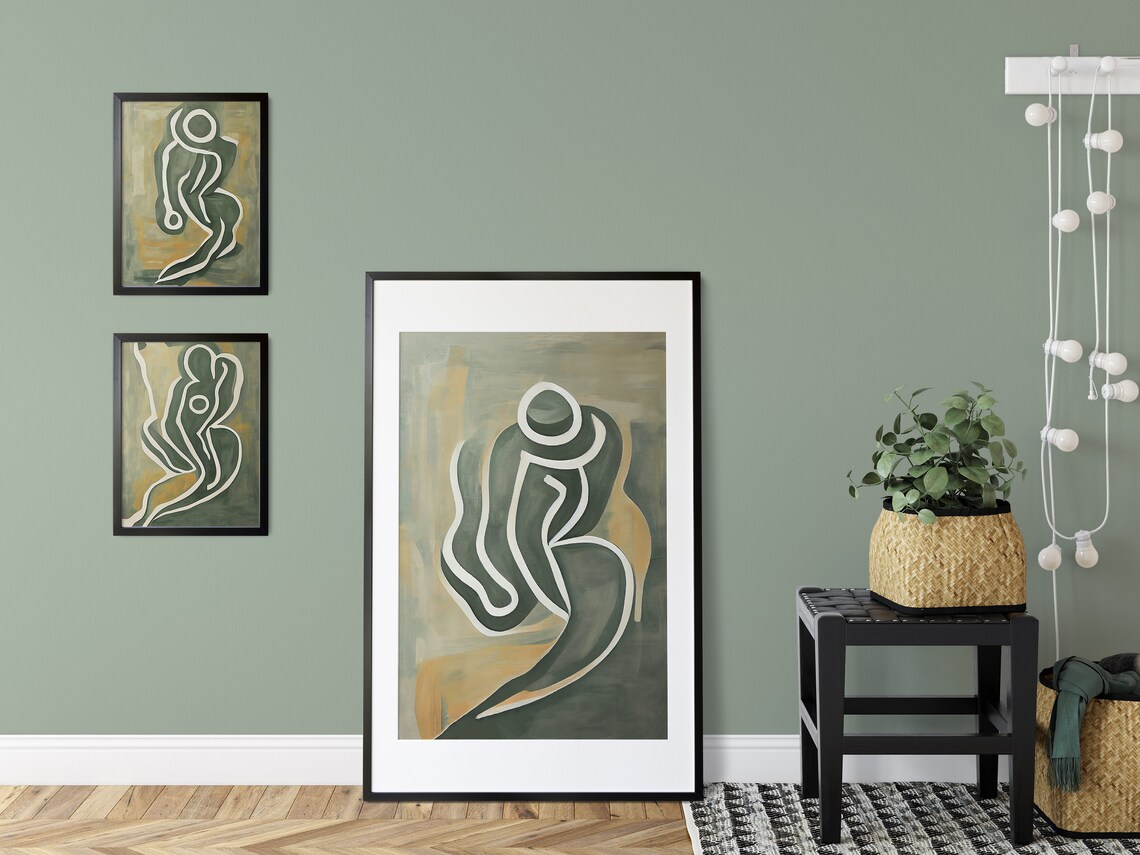 Japandi Art Set, Sage Green Wall Art Painting, Female Line Art, 3 Piece