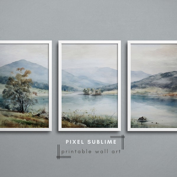 3 Piece Wall Art Set, Vintage Oil Painting Lake and Mountains, Triptych Art Decor, Landscape Painting, Printable Set of 3, Digital Download