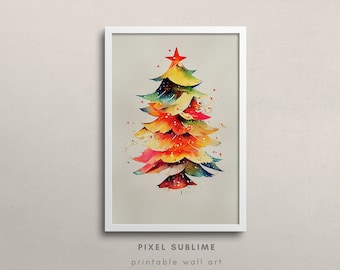 Colorful Christmas Tree Print, Abstract Vibrant Watercolor Christmas Painting, Pine Tree Wall Art Decor, Christmas Downloadable Print