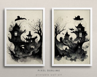 Haunted House Printable Wall Art Set, Spooky Halloween Poster Illustration, Halloween Art Prints Home Decor, Instant Download