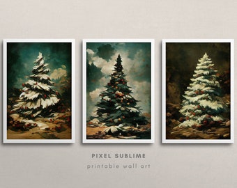 Winter Print Set of 3, Winter Gallery Wall Set, Winter Painting Download, Snowy Pine Tree, Christmas Set of three Prints, Winter Scene Print