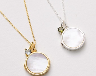 Personalized Mother of Pearl Photo Locket Necklace, Keepsake Christmas Gift for Her