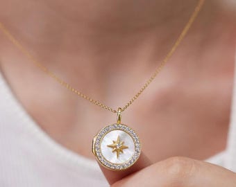 Mother of Pearl Star Locket • Northern Star Necklace •  Celestial Jewelry • Gold Photo Locket • Gift for Her • Personalized Locket