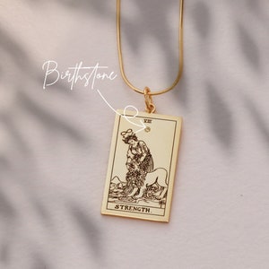 Stärke Tarot Halskette • Tarot Halskette • Personalisieren Halskette • Birthstone Halskette • Zierliche Gold Halskette • Himmlische Halskette