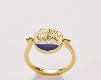 Moon Mountain Ocean Spinner Ring • Enamel Paint Ring • Spinner Ring • Ring for women • Celestial Ring • Boho Ring • Gift for her
