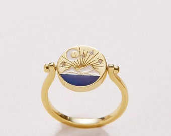 Moon Mountain Ocean Spinner Ring • Enamel Paint Ring • Spinner Ring • Ring for women • Celestial Ring • Vintage Jewelry • Gift for her