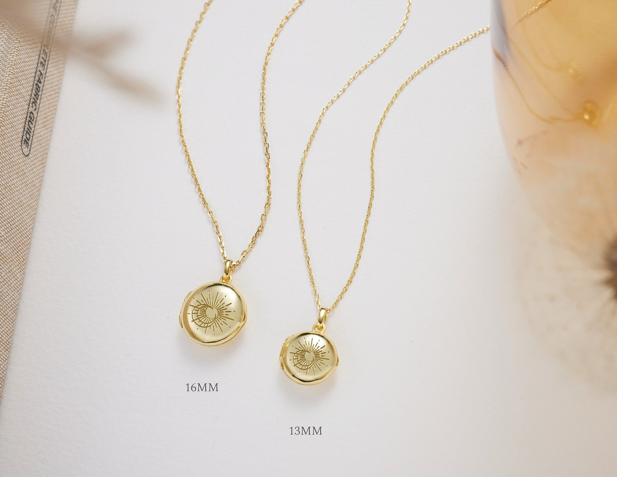 Sun Chain Locket Moon Sun Locket Necklace • Customized Gold Locket • Sunburst Round ...