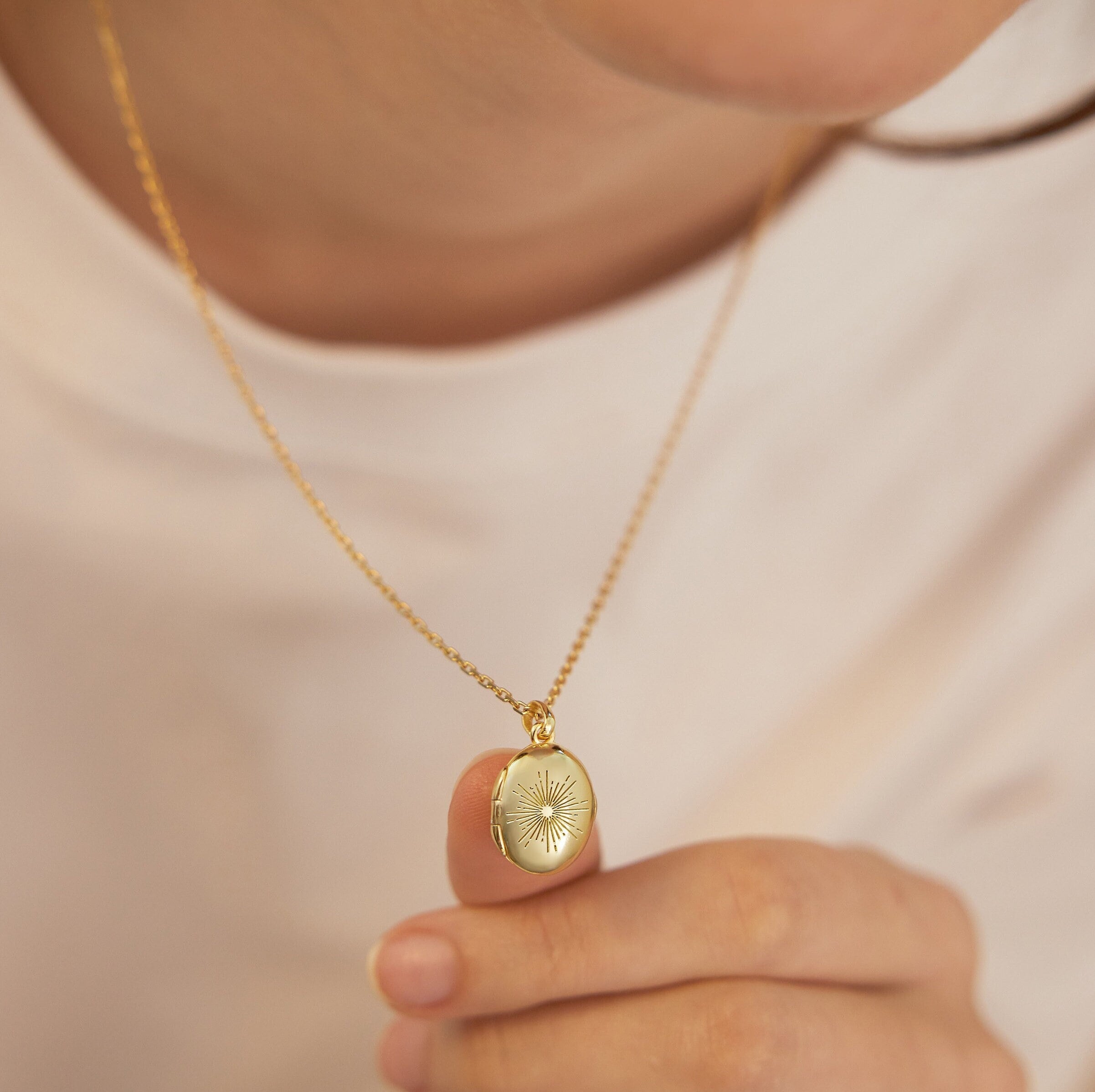 Sunshine Locket Necklace Customized Gold Locket Sunburst Oval Locket…