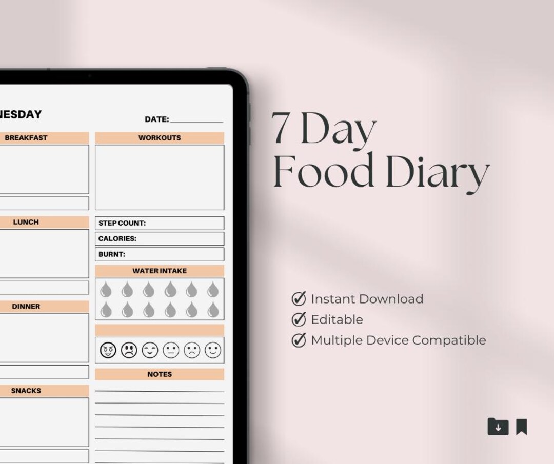 7-day Food Diary | Printable Wellness Journal for Meal Tracking ...