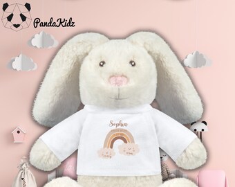 Personalized cuddly toy rabbit - gift for birth or as a christening gift, various motifs, desired names, dates of birth - Pandakidz