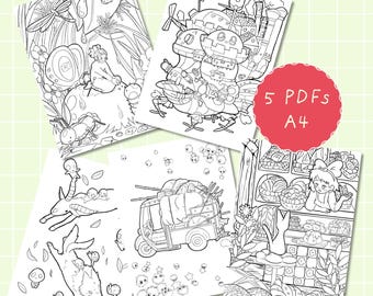 May include: Five black and white coloring pages featuring characters and scenes from the animated film 'Howl's Moving Castle'. The pages include a flying castle, a delivery truck, a bakery, and two characters from the film.