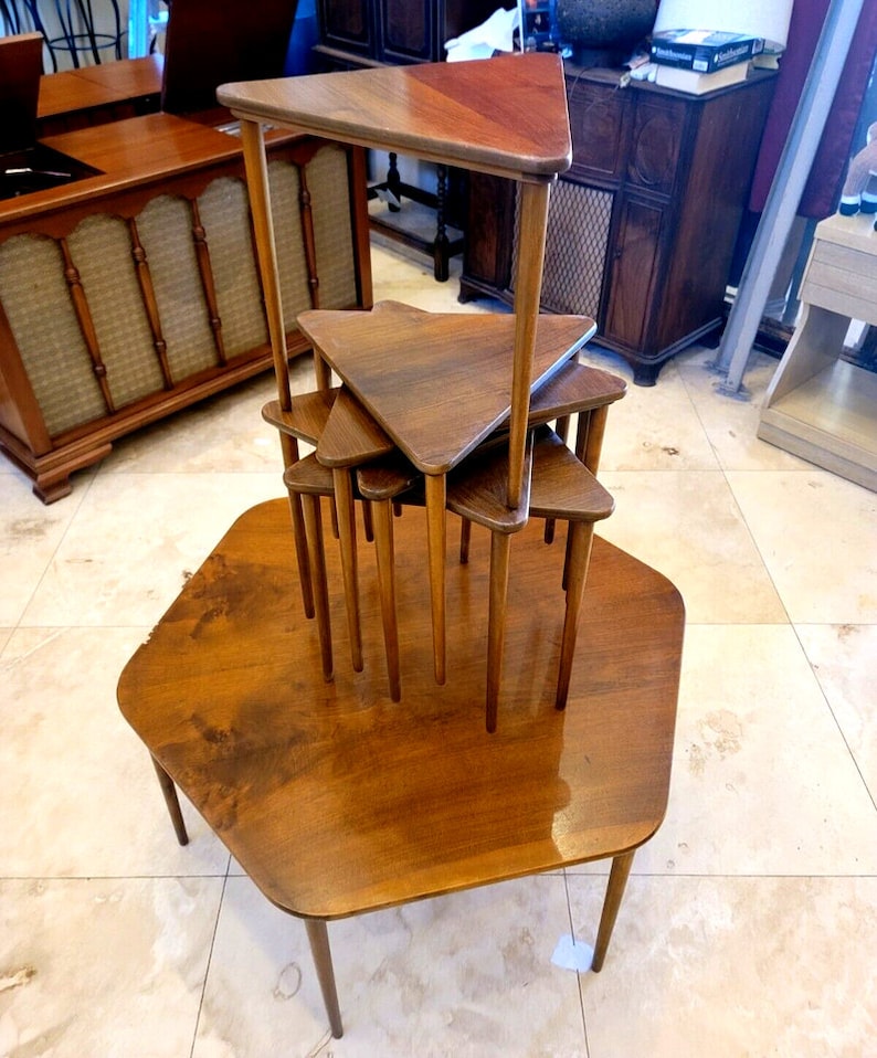 Vintage Danish MCM Hexagonal Walnut Coffee Table With 6 Triangular ...