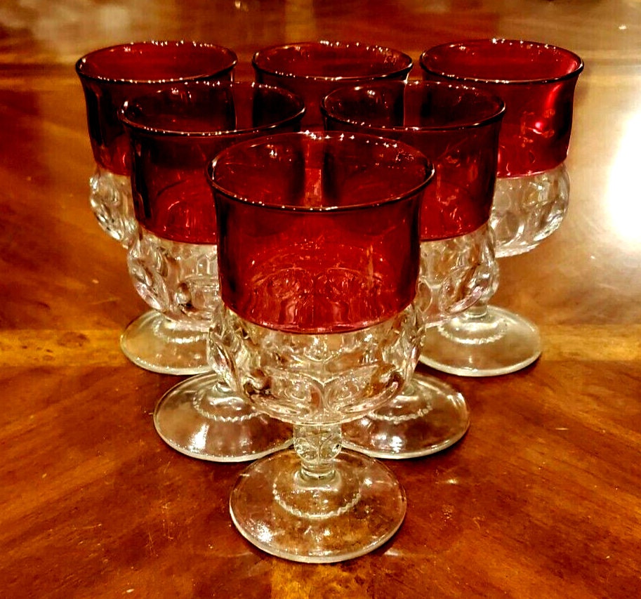 Set of 4 Wine Glasses, Kings Crown or Thumbprint Pattern, Ruby Flashed,  Vintage Colony Glass, Indiana Glass 
