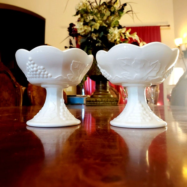 Pair of Westmoreland Harvest Grape Vine Leaf Pattern opaque white milk glass candle stick holders Milkglass