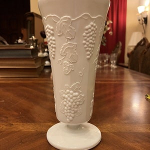 Vintage Westmorland Milk Glass Harvest Grape Pattern Footed Vase 9.875" Wedding Retro Grape Vine Grapevine Leaves