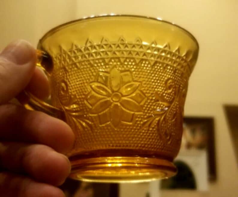 Tiara Indiana Glass Amber Sandwich Punch Bowl , Ladle & 12 Cups Vintage