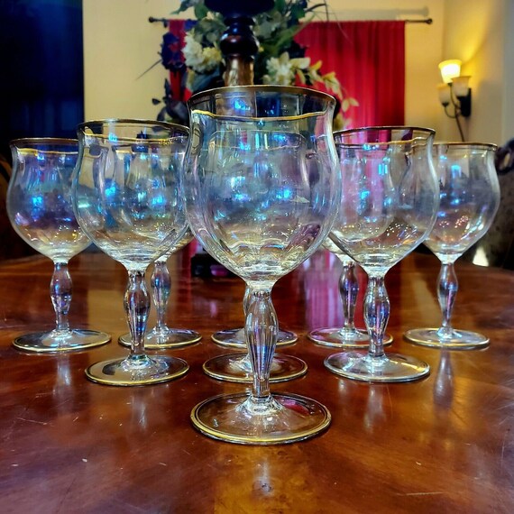8 Vintage Iridescent Wine Glasses With Gold Rims Etsy