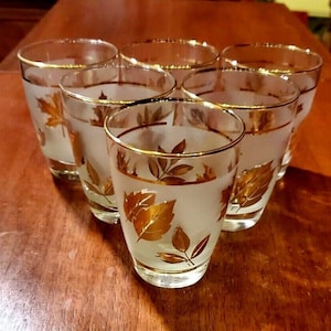 6 Libbey Frosted Gold Leaf Foliage Pattern Juice Glasses Vintage Mid Century Modern Barware MCM Glasses