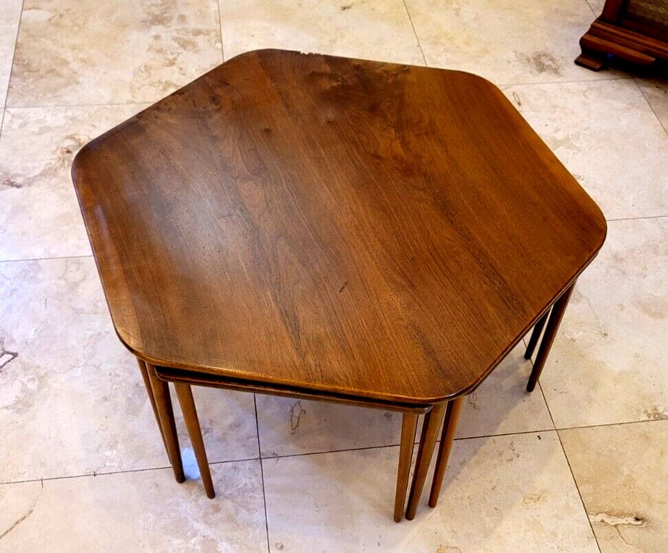 Vintage Danish MCM Hexagonal Walnut Coffee Table With 6 Triangular